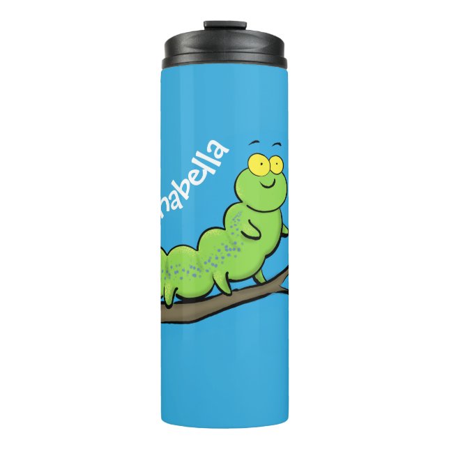 Happy cute green caterpillar cartoon illustration thermal tumbler (Front)