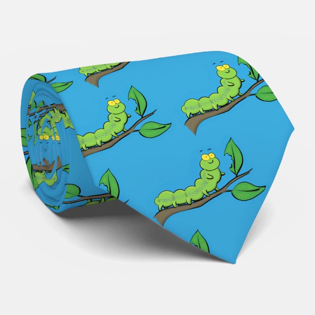 Happy cute green caterpillar cartoon illustration tie (Rolled)