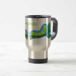 Happy cute green caterpillar cartoon illustration travel mug