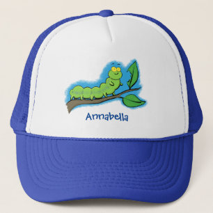 Happy cute green caterpillar cartoon illustration trucker hat
