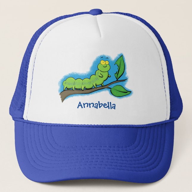 Happy cute green caterpillar cartoon illustration trucker hat (Front)