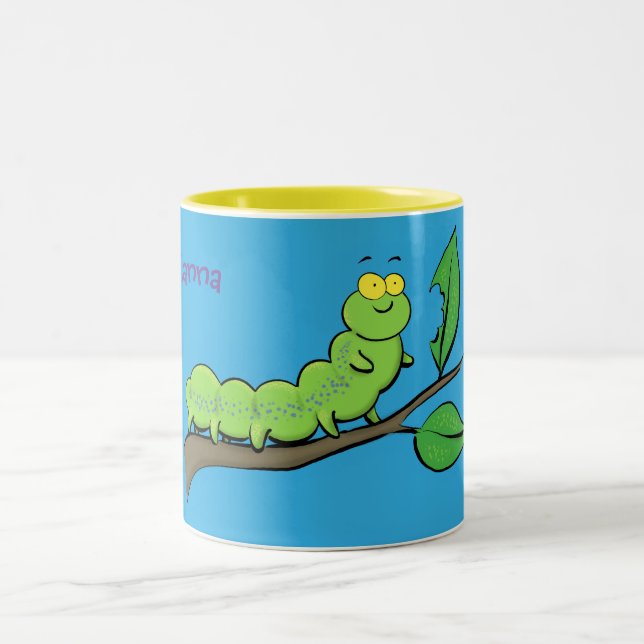 Happy cute green caterpillar cartoon illustration Two-Tone coffee mug (Center)