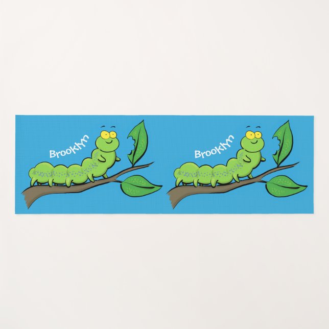 Happy cute green caterpillar cartoon illustration yoga mat (Front (Horizontal))
