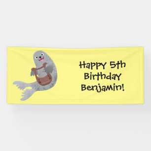 Happy cute harp seal cartoon illustration banner