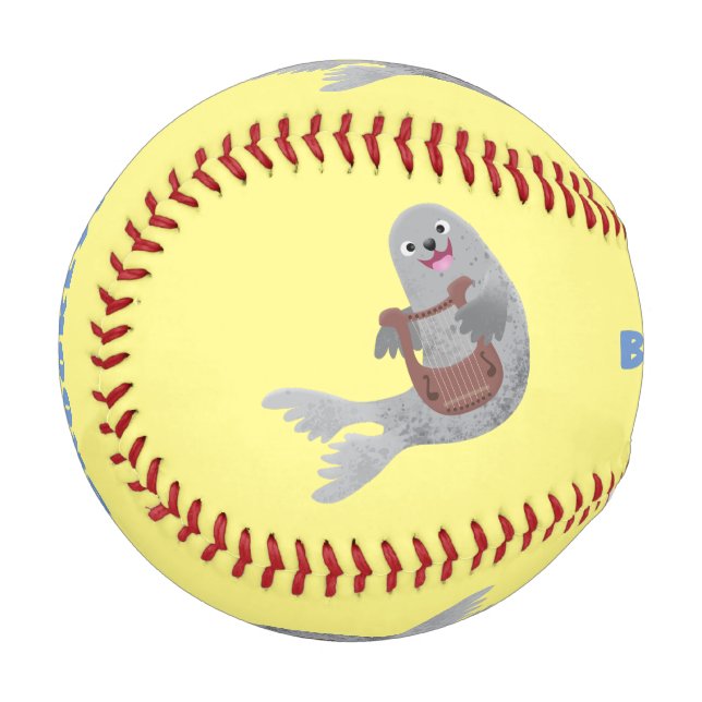 Happy cute harp seal cartoon illustration baseball (Front Left)