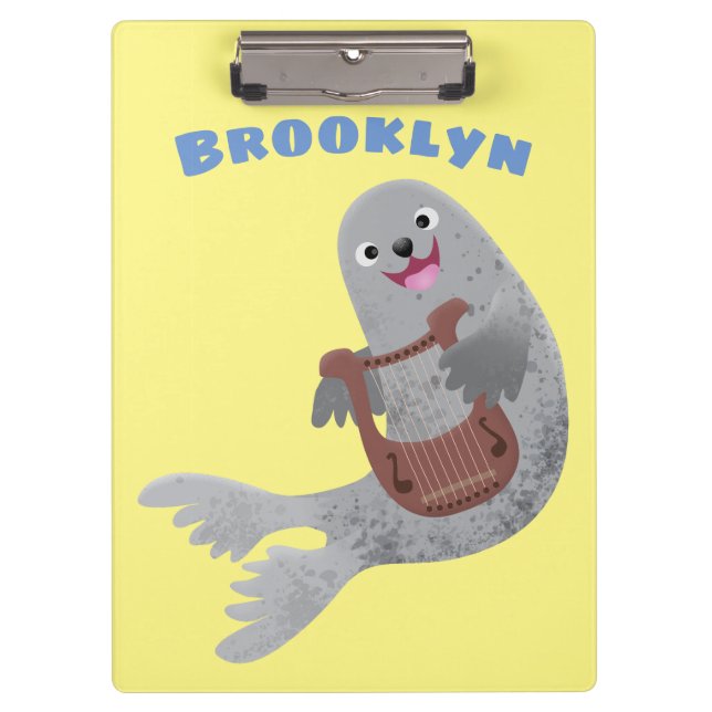 Happy cute harp seal cartoon illustration clipboard (Front)