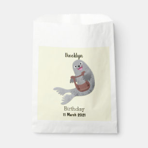 Happy cute harp seal cartoon illustration favour bags