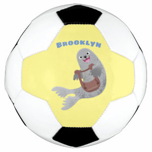Happy cute harp seal cartoon illustration football