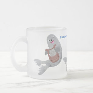 Happy cute harp seal cartoon illustration frosted glass coffee mug