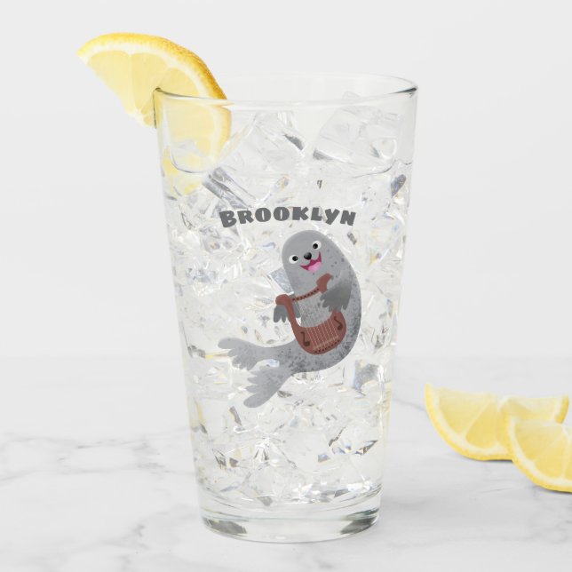 Happy cute harp seal cartoon illustration glass (Front Ice)