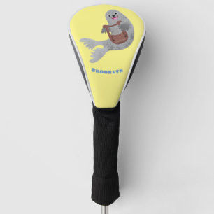 Happy cute harp seal cartoon illustration golf head cover