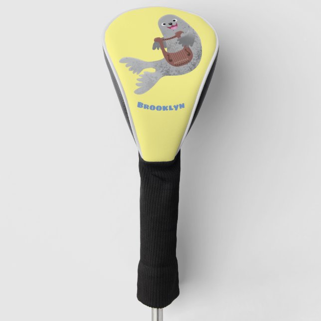 Happy cute harp seal cartoon illustration golf head cover (Front)