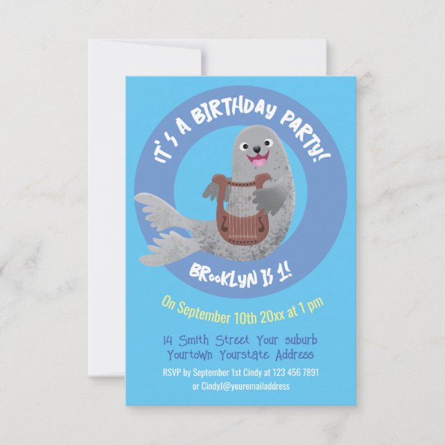 Happy cute harp seal cartoon illustration invitation (Front)