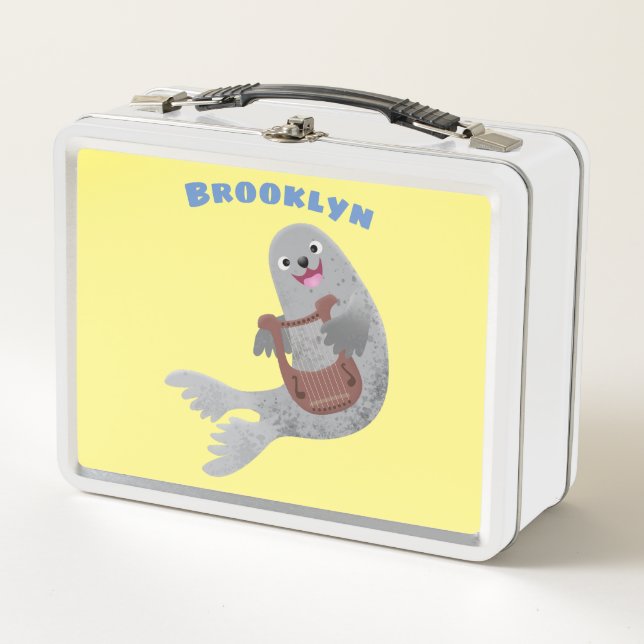 Happy cute harp seal cartoon illustration metal lunch box (Front)