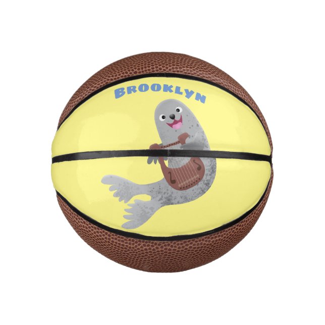 Happy cute harp seal cartoon illustration mini basketball (Front)