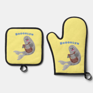Happy cute harp seal cartoon illustration oven mitt & pot holder set