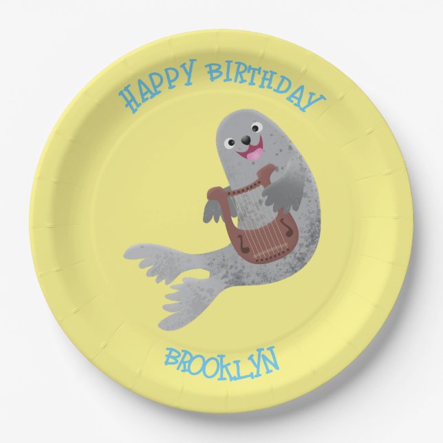Happy cute harp seal cartoon illustration paper plate (Front)
