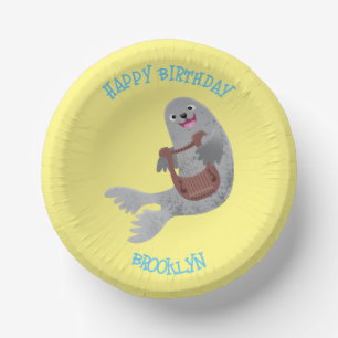 Happy cute harp seal cartoon illustration paper plate