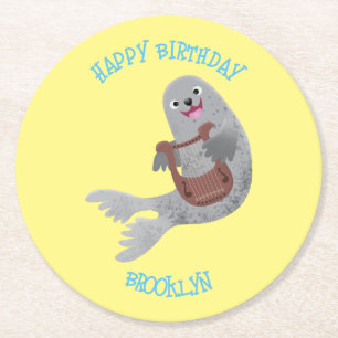 Happy cute harp seal cartoon illustration round paper coaster