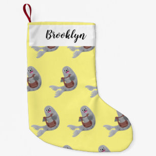 Happy cute harp seal cartoon illustration small christmas stocking