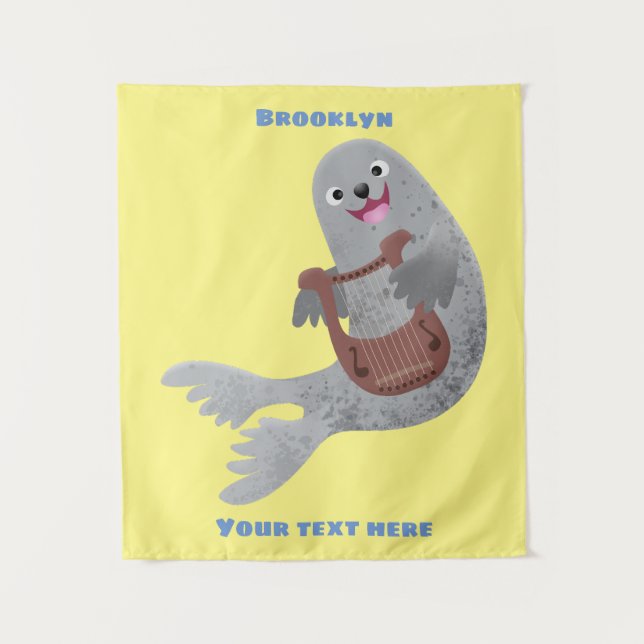Happy cute harp seal cartoon illustration tapestry (Front)