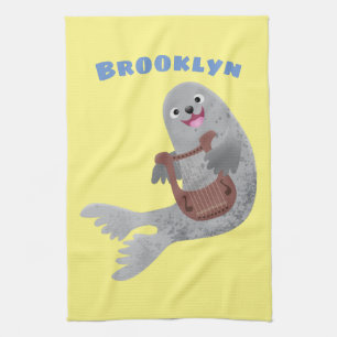 Happy cute harp seal cartoon illustration tea towel