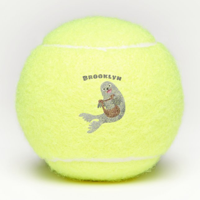 Happy cute harp seal cartoon illustration tennis balls (Front)