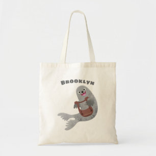 Happy cute harp seal cartoon illustration tote bag