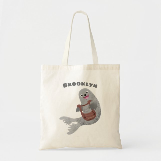 Happy cute harp seal cartoon illustration tote bag (Front)