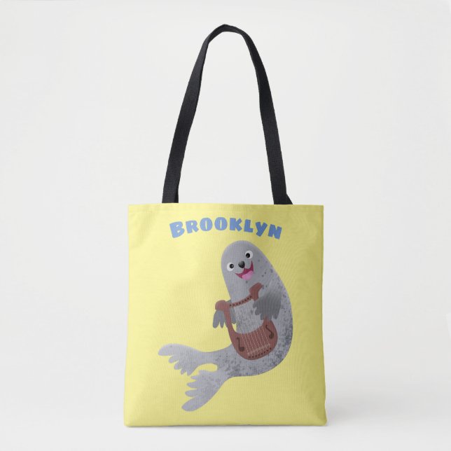 Happy cute harp seal cartoon illustration tote bag (Front)