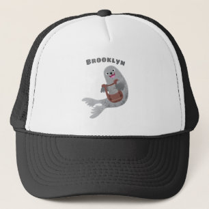 Happy cute harp seal cartoon illustration trucker hat