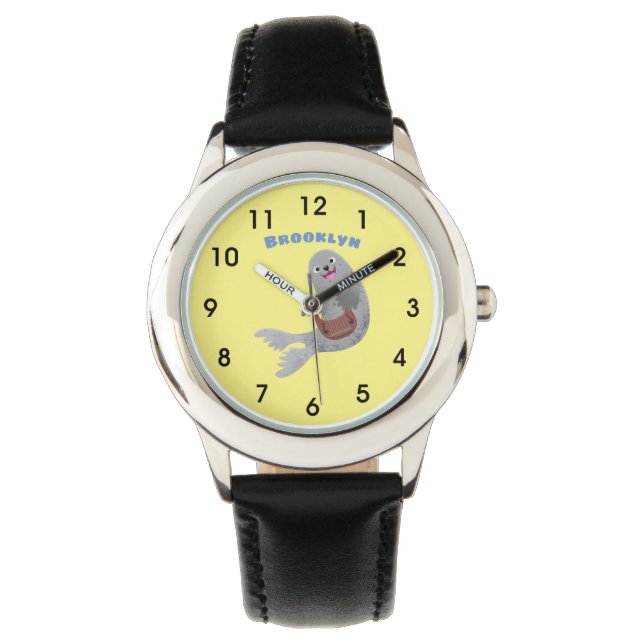 Happy cute harp seal cartoon illustration watch (Front)