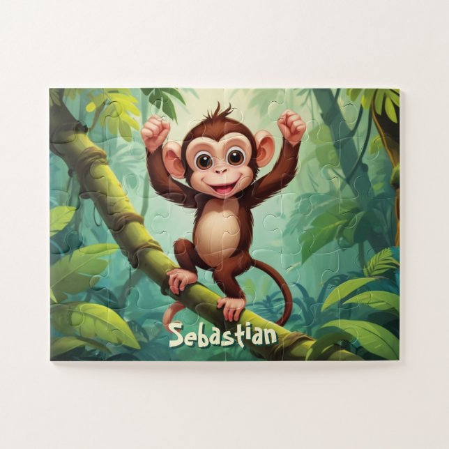 Happy Cute Monkey In Jungle Personalised Jigsaw Puzzle (Horizontal)