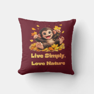 Happy Cute Monkey Playing in Falling Autumn Leaves Cushion