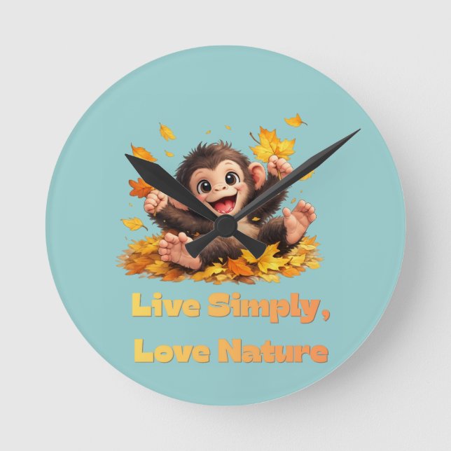 Happy Cute Monkey Playing in Falling Autumn Leaves Round Clock (Front)