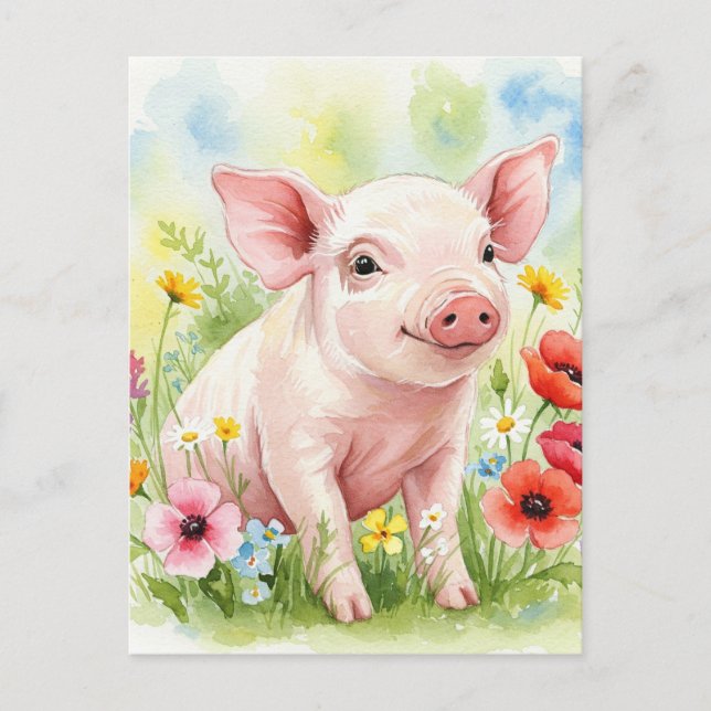 Happy Cute Pig Flowers Young Animals Postcard (Front)