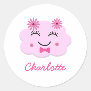 Happy cute pink kawaii cloud  custom name   classic round sticker