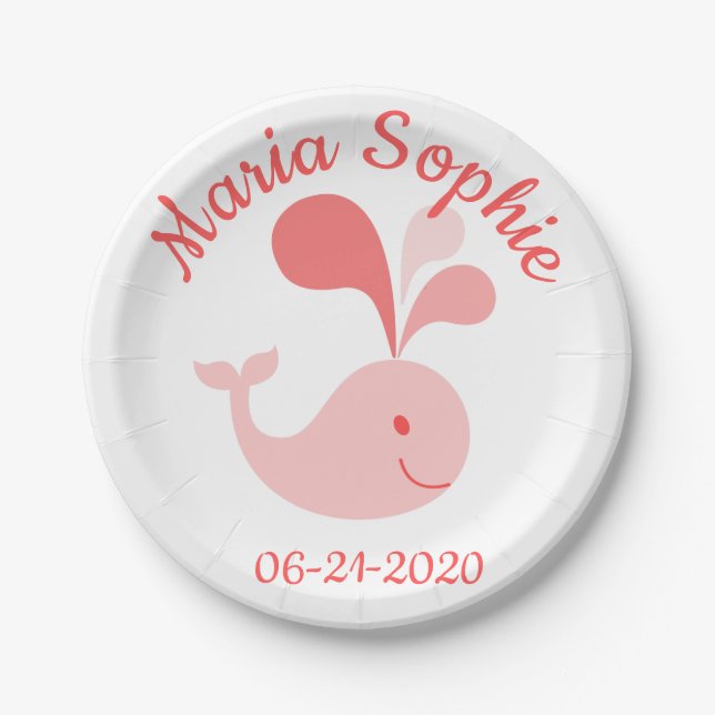 Happy Cute Pink Whale Paper Plate (Front)