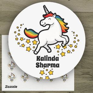Happy Cute Rainbow Unicorn Student Name Label 