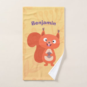 Happy cute red squirrel cartoon illustration bath towel set