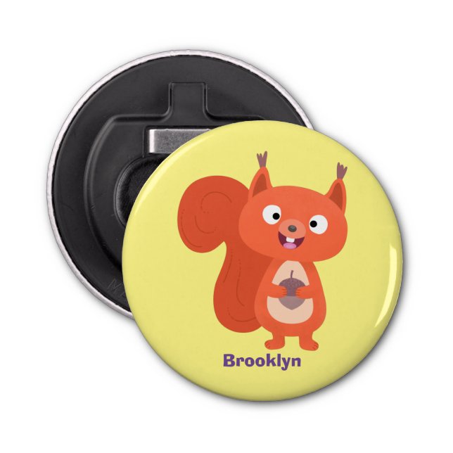 Happy cute red squirrel cartoon illustration bottle opener (Front)