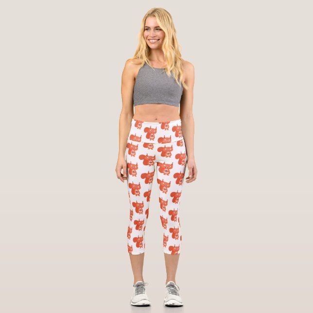 Happy cute red squirrel cartoon illustration capri leggings (Front)