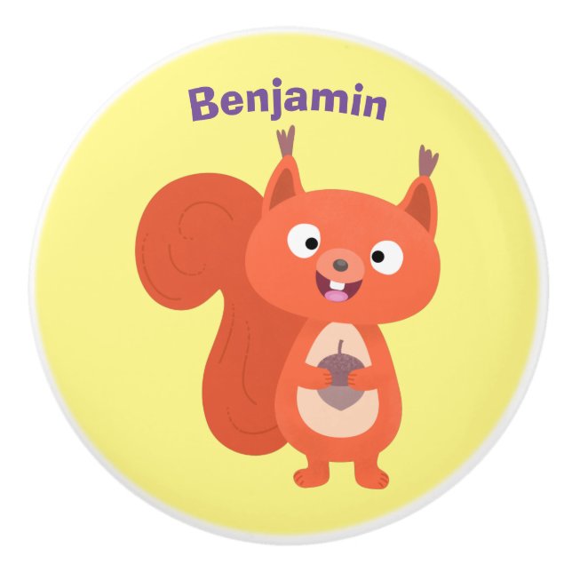 Happy cute red squirrel cartoon illustration ceramic knob (Front)