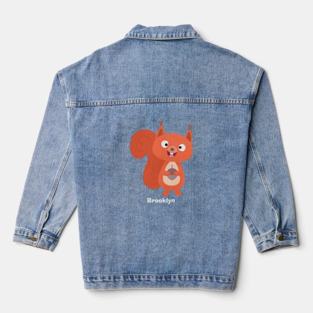 Happy cute red squirrel cartoon illustration denim jacket (Back)