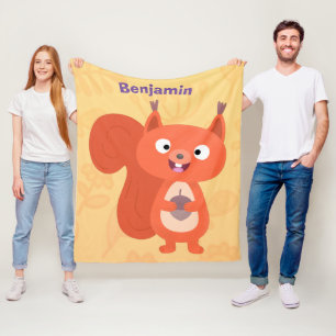 Happy cute red squirrel cartoon illustration fleece blanket