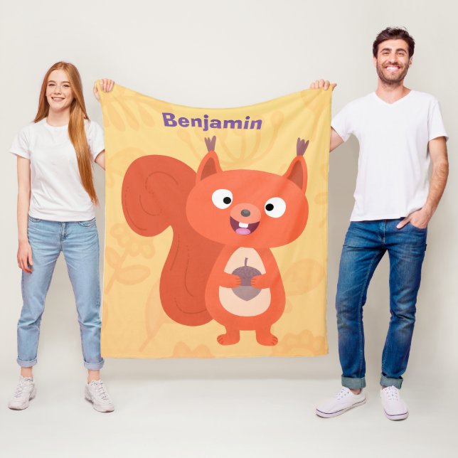 Happy cute red squirrel cartoon illustration fleece blanket (In Situ)