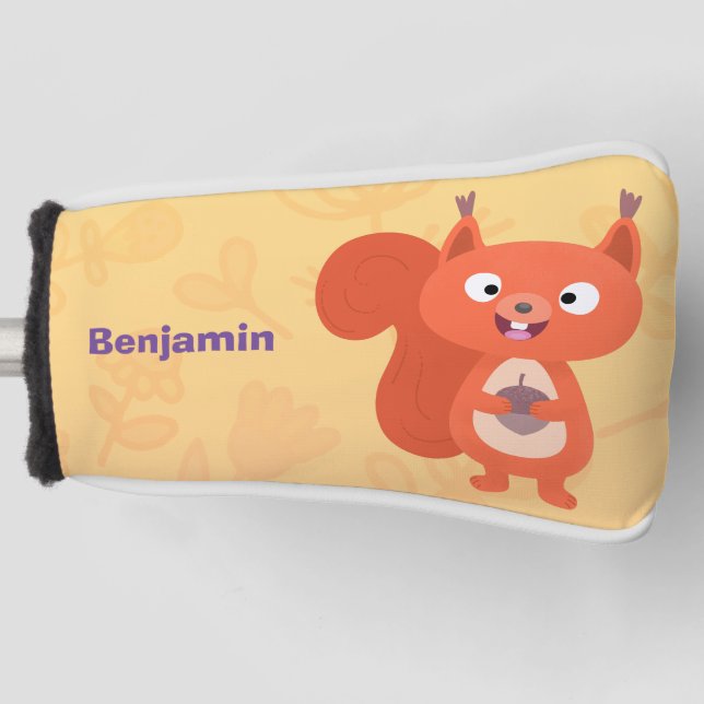 Happy cute red squirrel cartoon illustration golf head cover (Front)