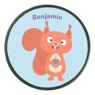 Happy cute red squirrel cartoon illustration hockey puck