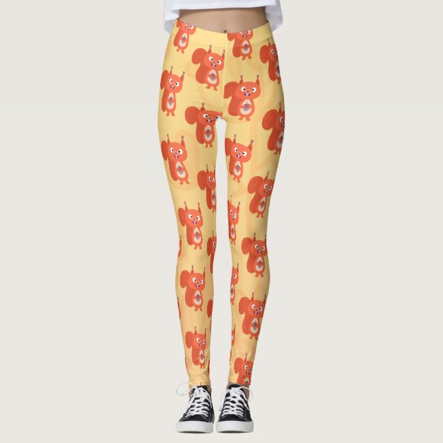 Happy cute red squirrel cartoon illustration leggings (Front)