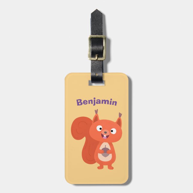Happy cute red squirrel cartoon illustration luggage tag (Front Vertical)